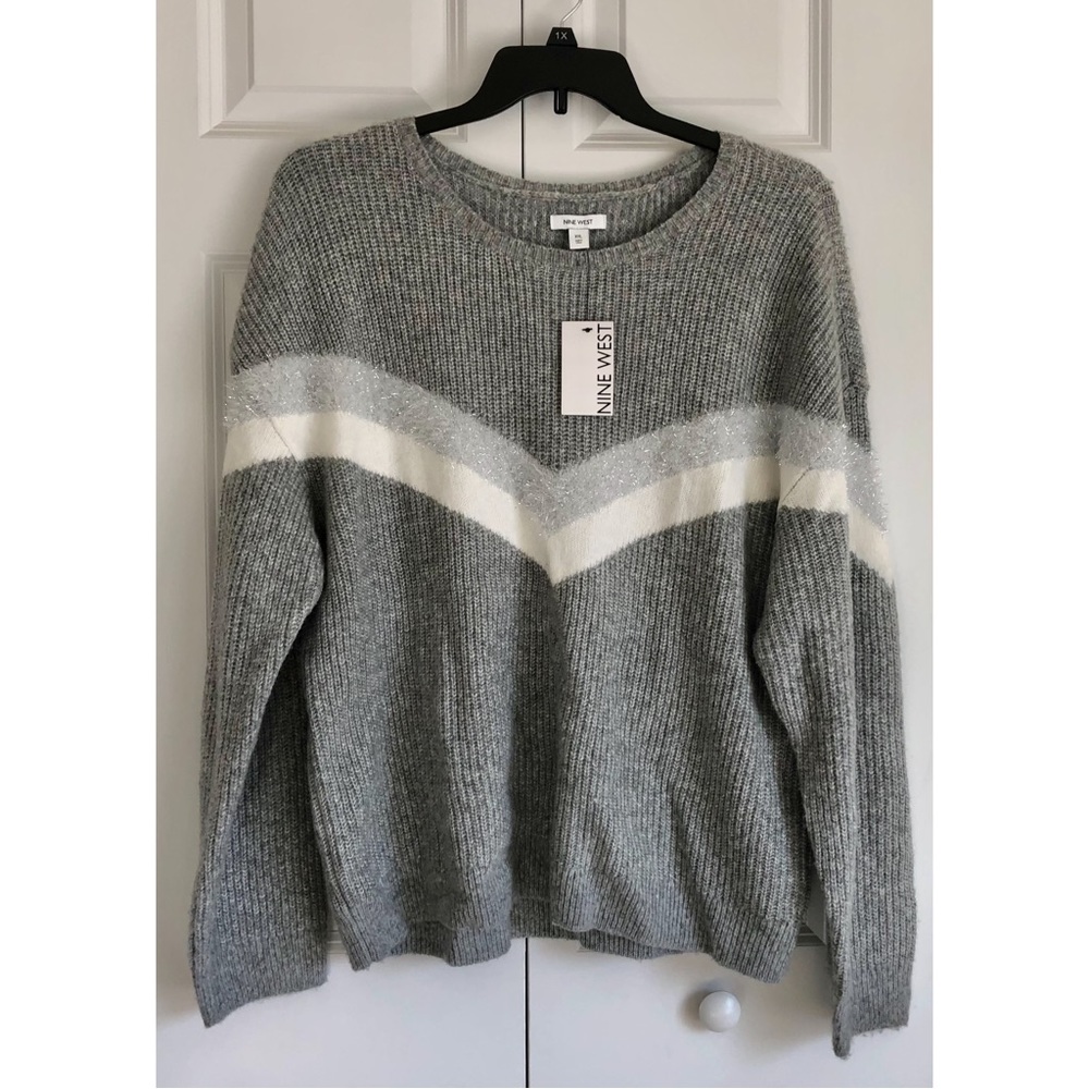 Nine West Womens Crewneck Long Sleeve Sweater Pullover Gray Chevron Top Size XXL - Picture 2 of 5